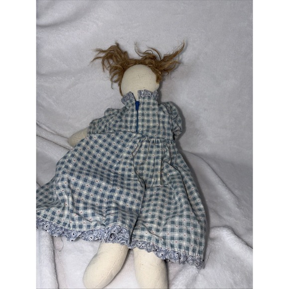 Vintage Cloth Rag Doll unruly hair Gingham dress painted face has some stains - Picture 5 of 8